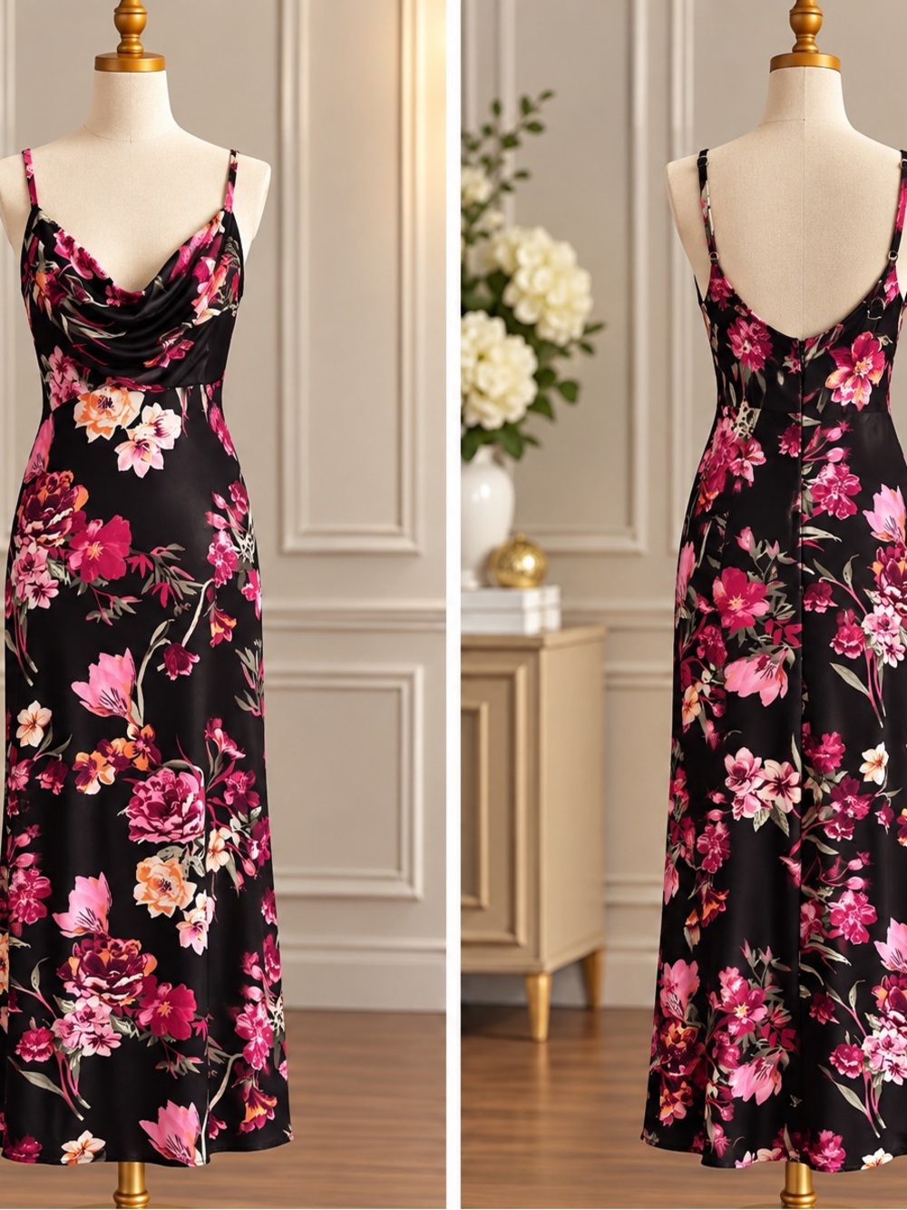B Darlin Black Maxi Slip Dress with Pink Floral Print